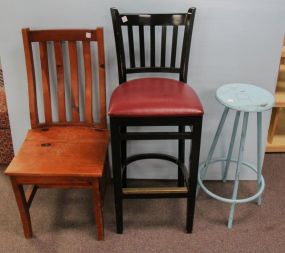 Pine Chair, Black Bar Stool & Blue Swivel Metal Bar Stool with Wood Seat