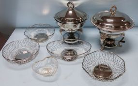 Two Covered Casseroles & Five Silverplate Baskets