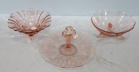 Two Footed Pink Etched Depression Bowls & Cake Plate