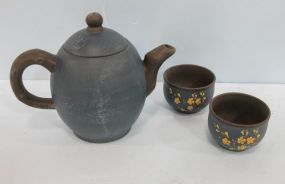 Chinese Pottery Teapot & Two Saki Cups