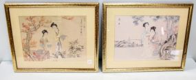 Two Japanese Hand Painted Artworks of Maidens