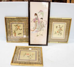 Three Framed Japanese Silks & Maiden Painted on Porcelain