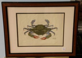 Framed Needlework of Blue Lobster Monogrammed MGC