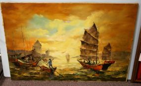 Chinese Guache Oil Painting of Boats