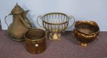 Large Brass Kettle & Three Brass Planters