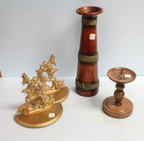 Wood Candlestick, Vase & Pair of Sconces