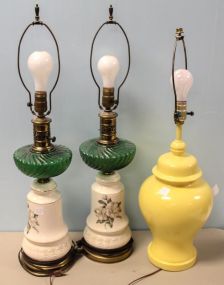 Pair of Lamps with Magnolias & Yellow Urn Shape Lamp