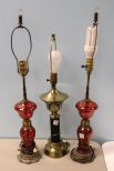 Pair of Cranberry Flash Glass Lamps & Black Column Lamp