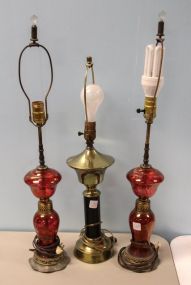 Pair of Cranberry Flash Glass Lamps & Black Column Lamp