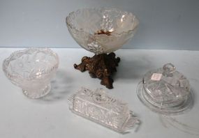 Lead Crystal Bowl, Two Butters & Glass and Brass Compote