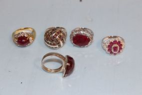 Five Sterling and Red Stone Rings