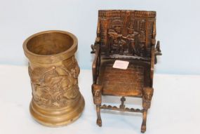 Bronze Egyptian Style Chair and Asian Brush Pot