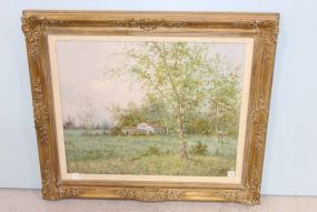 H R Yoo Oil on Canvas of Field and Wood Scene
