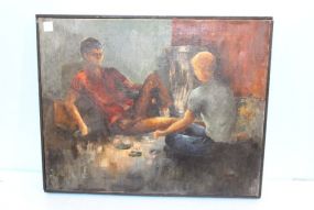Oil Painting of Two Men Playing Cards