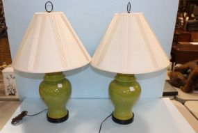 Pair of Green Ceramic Lamps with Shades