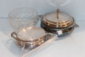 Pair of Silver Plate Casserole Dishes and a Block Crystal Bowl