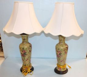Pair of Green Floral Lamps with Shades