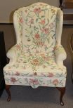 Queen Anne Leg Wing Back Chair with Crewel Work Fabric