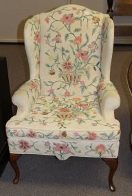 Queen Anne Leg Wing Back Chair with Crewel Work Fabric