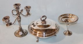 Caesars Palace Three Arm Silverplate Candelabra, Rogers Sterling Weighted Compote, Covered Silverplate Dish with Engraving