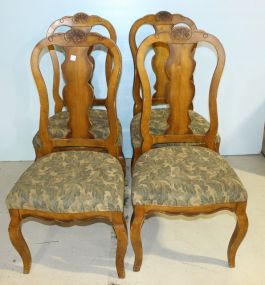 Set of Four French Provincial Style Side Chairs Covered in a Leaf Design Fabric.