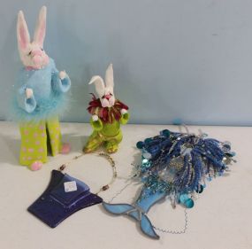 Pair of Moni McKee Rabbits, Stain Glass Mermaid, and Signed Hanging Glass Basket