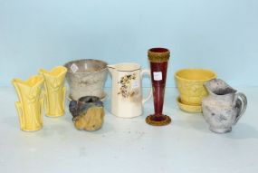 Red Crackle Glass Vase, Clown Planter,  two McCoy vases Two McCoy Flower Pots and Homer Laughlin Pitcher