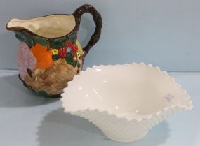Milk Glass Basket and Colorful Ceramic Pitcher