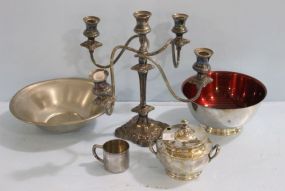 Five Arm SIlverplate Candlestick, Plated Baby Cp, Bowl, Dented Pewter Bowl, and Sauce Bowl