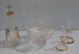 Two Lead Crystal DIning Bells and Decanter with Gold Etching and Bowl