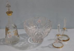 Two Lead Crystal DIning Bells and Decanter with Gold Etching and Bowl