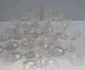 Eight Etched Glass Champagne Glasses and Eight Wine Glasses