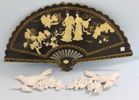 Two Plastic Bird Plaques and a Wood Carved Fan Plaque with Maidens