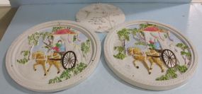 Two Plaster Wall Plaques with Horse and Carriage Screens and a Plaster Garden Plaque