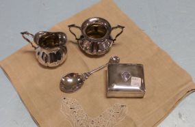 Quadruple Plate Creamer and Sugar, Tea Caddy Spoon, Square Tablecloth and Silverplate Jewelry Box