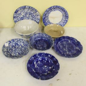 Various Plates in Blue Spongeware and Stoneware Mixing Bowl