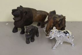 Two Handcarved Lions, One Elephant and Faux Silver Glaze Elephant