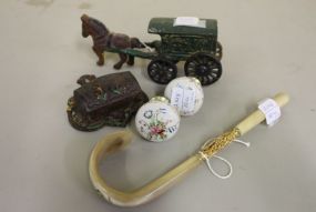 Iron Horse Buggy  with a Iron Match Holder, Pair of Porcelain Knobs and Umbrella Handle