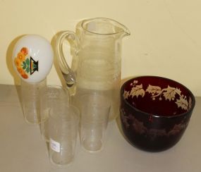 Etched Pitcher, Four Glasses, Bohemian Red Bowl and Glass Painted Egg
