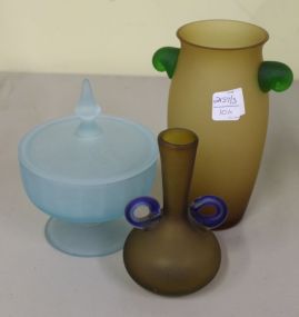 Satin Glass Candy Dish, and Two Satin Glass Vases