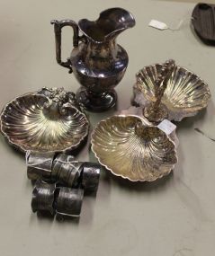 Silverplate Napkin Rings, Pitcher and Shell Divided Dish