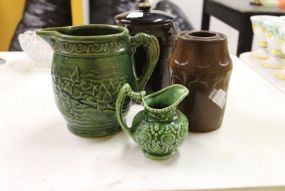 Two Pottery Pitchers and Covered Brown Jar and Miscellaneous Jar