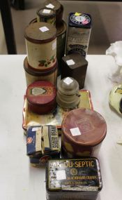Group of Vintage Tin Containers and Seal Beam bottle and Insulator