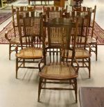 Set of Six, Early Oak Cane Seat Chairs Two Arms and Four Sides