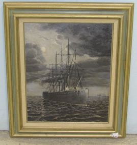 Signed Picknell Original Oil Painting of Paddle Wheel Civil War Battleship