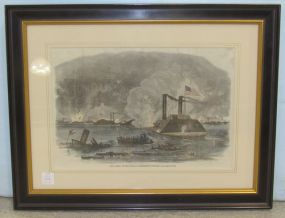 Matted and Framed Steel Engraving from Harper's Weekly During Civil War of Naval Combat off Fort Wright, Mississippi River, May 8, 1862