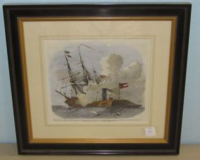 Matted and Framed Steel Engraving of The Battle of Hampton Roads Often Referred to as The Battle of the Monitor and Merrimack or CSS Virginia