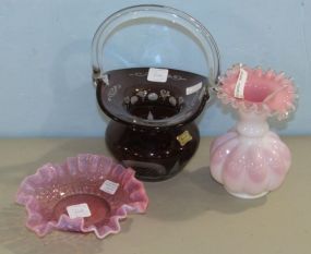 Egermann Ruby Red Bohemian  Cut to Clear Basket, a Pink Hobnail Bowl with Ruffled Edge, and a Cased Glass Pink with Clear Ruffled Edge Vase