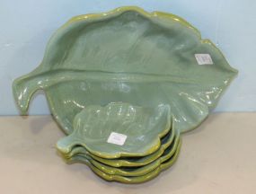 Four Gail Pittman Seafoam Small Leaf Dishes and a Leaf Platter