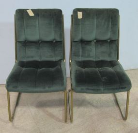 Two Green Velour Upholstered Metal Frame Chairs